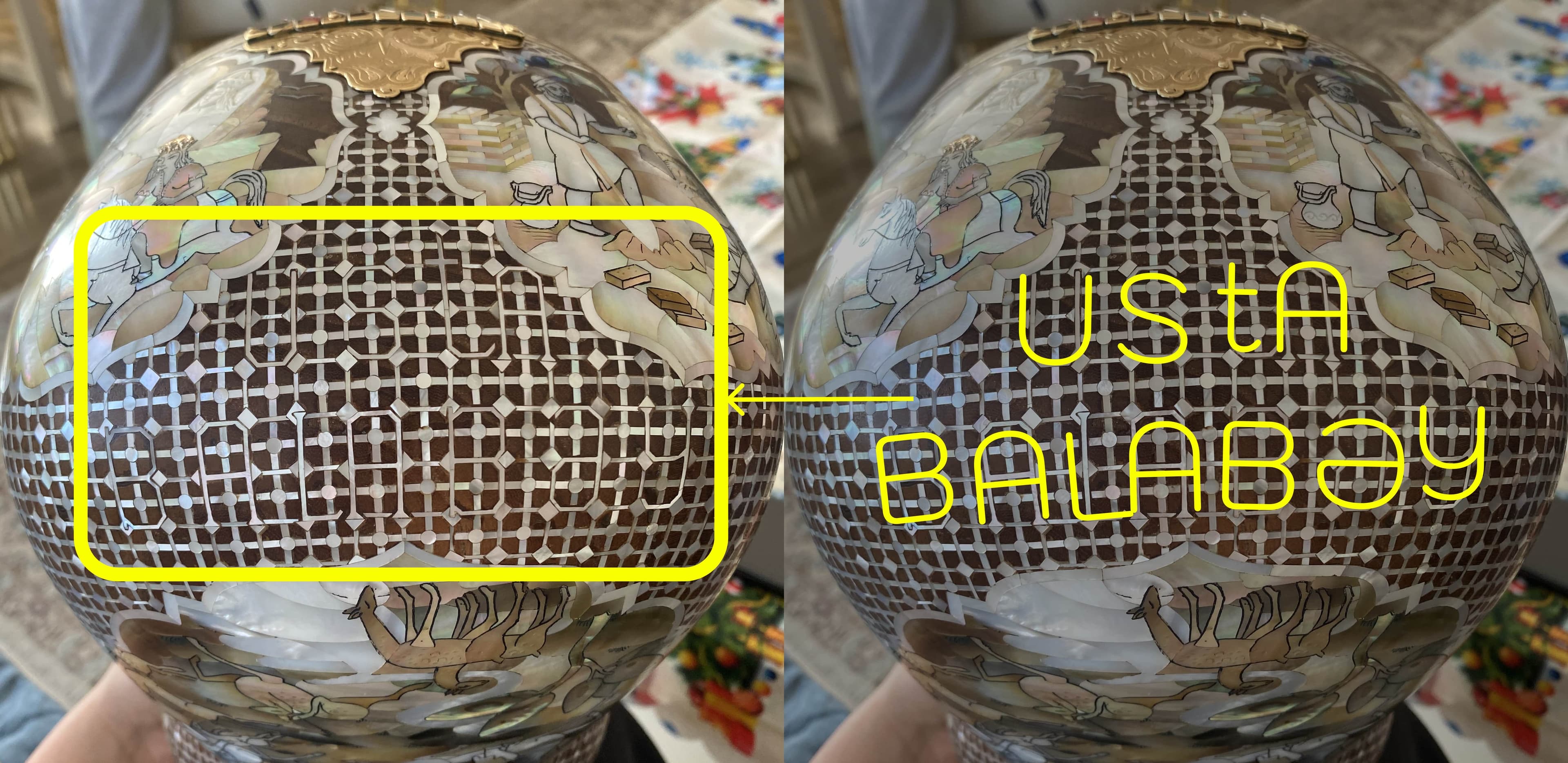 Sədəf mozaikası ilə yazılmış "Usta Balabəy" imzası